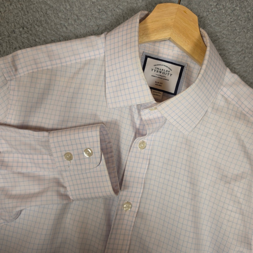 Charles Tyrwhitt Dress Shirt Mens 15.5/33 Pink Blue Check Good Slim Fit Non-Iron